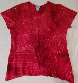 Vintage Y2K Red Tie Dye Asymmetrical Flowy Top Sequins Stretch Sienna Grace 1X